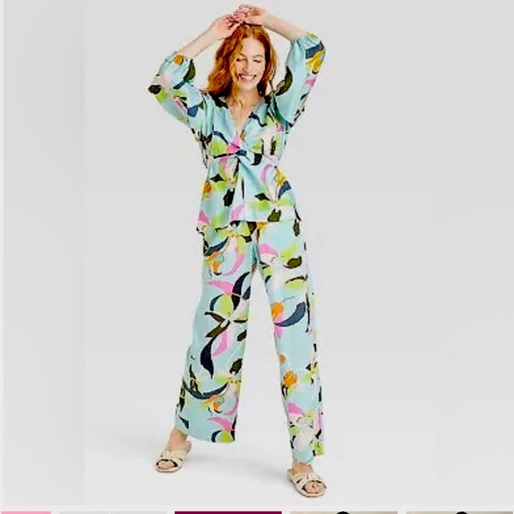 A New Day Tropical Blue Set jumpsuit blouse cut outs and wide leg pants Large